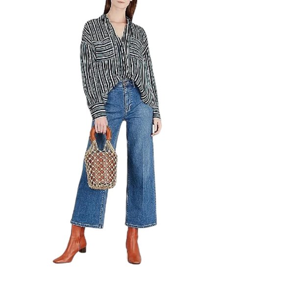 EUC Free People Blue Green Stripe Oversized Mad About You Button Down Shirt - Picture 5 of 15